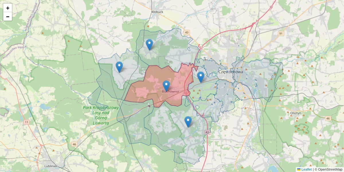 Szczegółowa mapa kodu pocztowego 42-290 z granicami, sąsiednimi kodami pocztowymi i urzędami pocztowymi