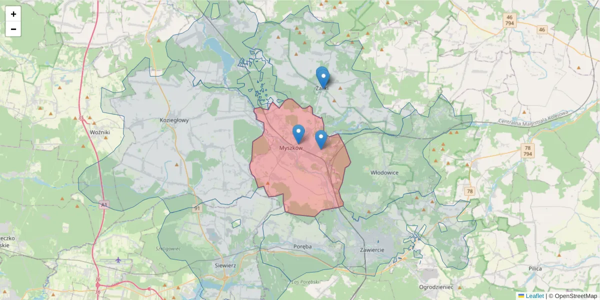 Szczegółowa mapa kodu pocztowego 42-300 z granicami, sąsiednimi kodami pocztowymi i urzędami pocztowymi