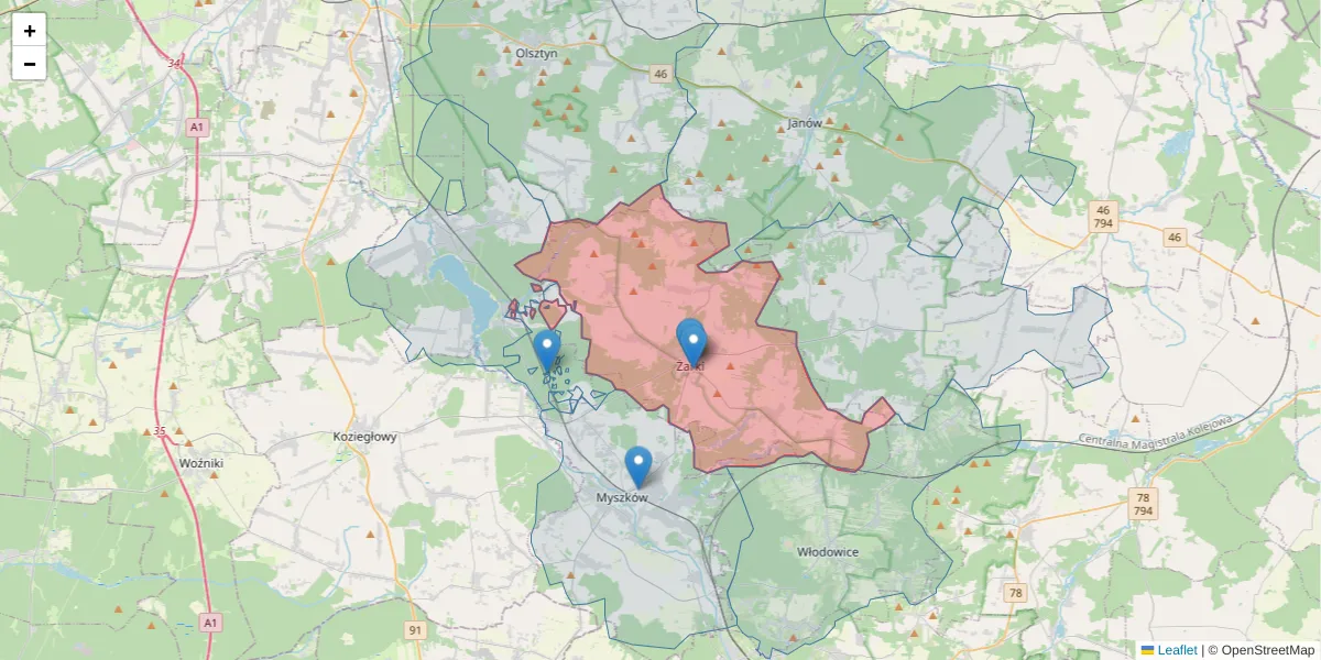 Szczegółowa mapa kodu pocztowego 42-310 z granicami, sąsiednimi kodami pocztowymi i urzędami pocztowymi