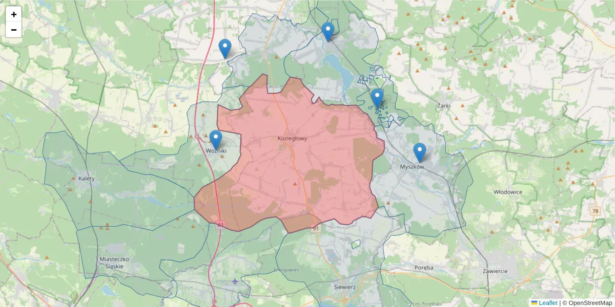 Szczegółowa mapa kodu pocztowego 42-350 z granicami, sąsiednimi kodami pocztowymi i urzędami pocztowymi