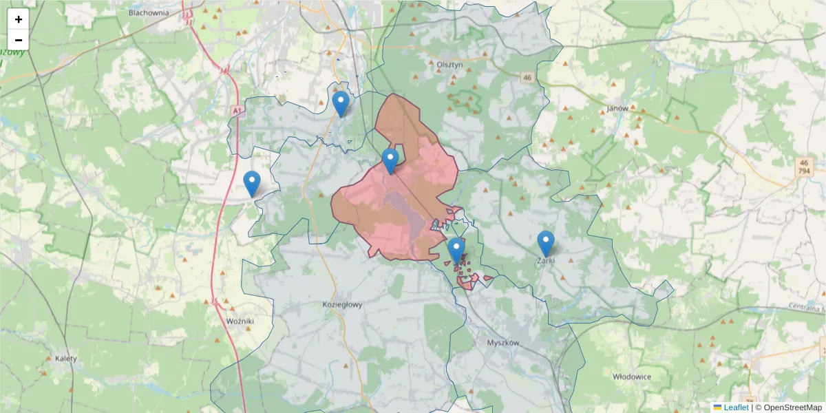 Szczegółowa mapa kodu pocztowego 42-360 z granicami, sąsiednimi kodami pocztowymi i urzędami pocztowymi