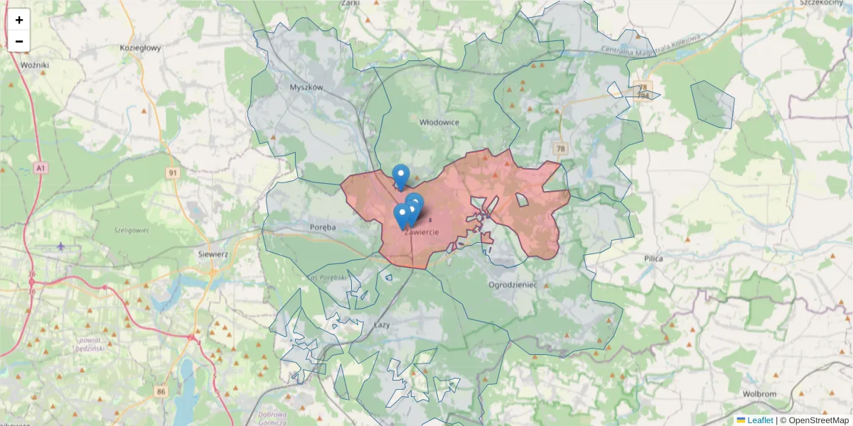 Szczegółowa mapa kodu pocztowego 42-400 z granicami, sąsiednimi kodami pocztowymi i urzędami pocztowymi