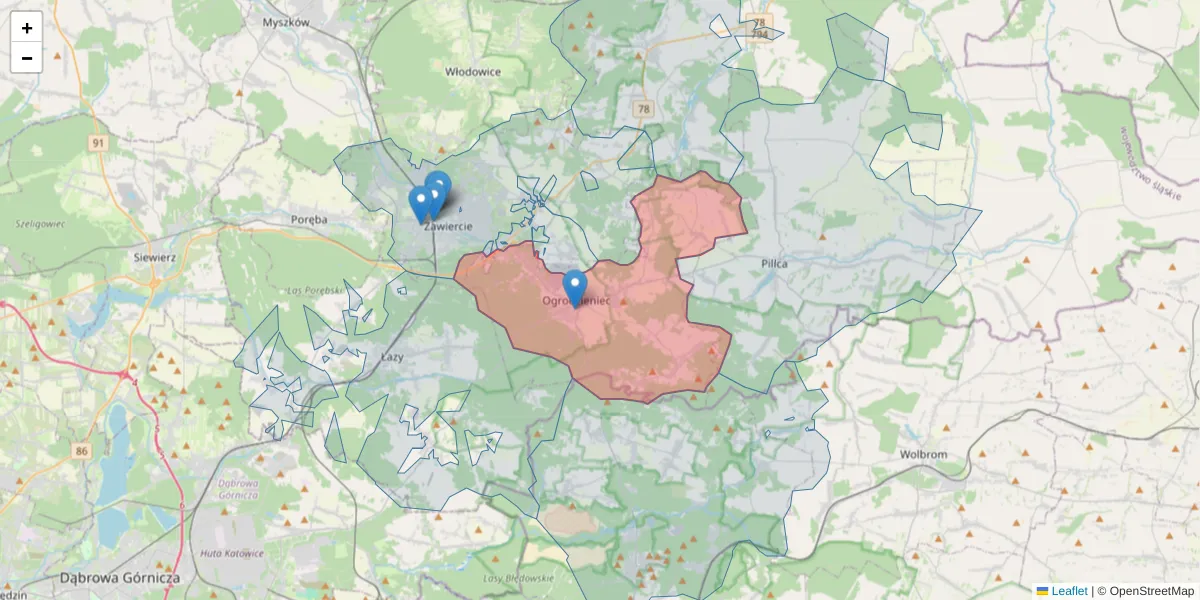Szczegółowa mapa kodu pocztowego 42-440 z granicami, sąsiednimi kodami pocztowymi i urzędami pocztowymi