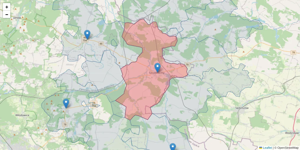 Szczegółowa mapa kodu pocztowego 42-445 z granicami, sąsiednimi kodami pocztowymi i urzędami pocztowymi