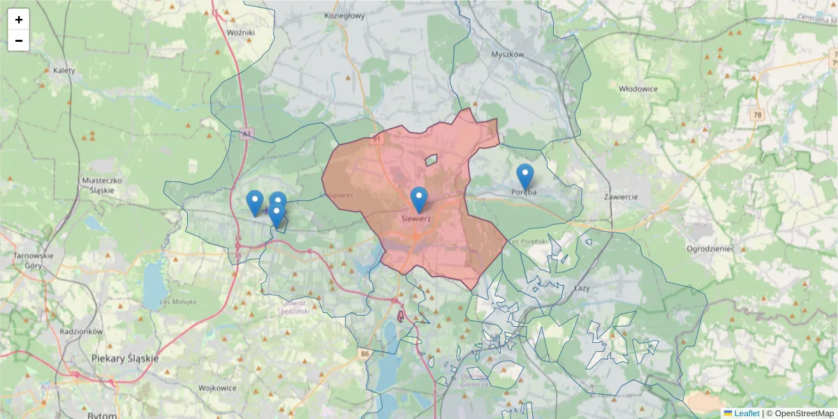 Szczegółowa mapa kodu pocztowego 42-470 z granicami, sąsiednimi kodami pocztowymi i urzędami pocztowymi