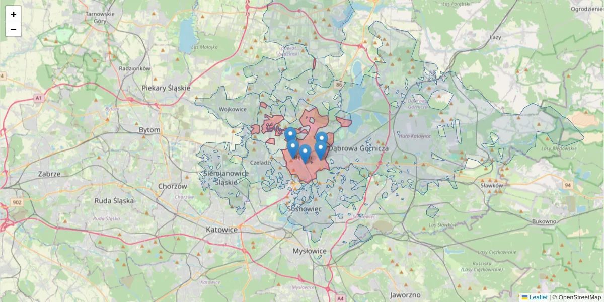 Szczegółowa mapa kodu pocztowego 42-500 z granicami, sąsiednimi kodami pocztowymi i urzędami pocztowymi
