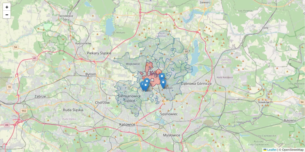 Szczegółowa mapa kodu pocztowego 42-506 z granicami, sąsiednimi kodami pocztowymi i urzędami pocztowymi