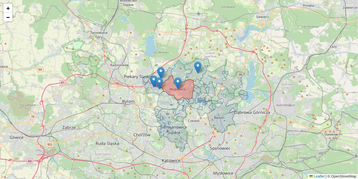 Szczegółowa mapa kodu pocztowego 42-580 z granicami, sąsiednimi kodami pocztowymi i urzędami pocztowymi