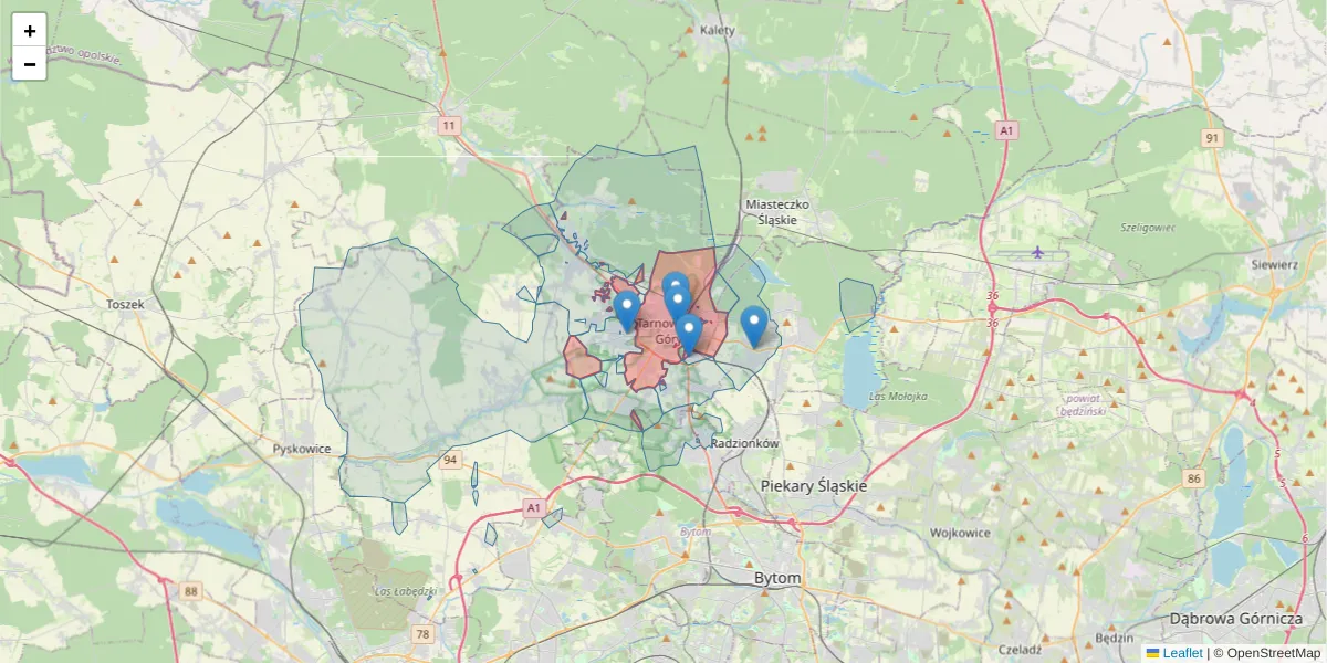 Szczegółowa mapa kodu pocztowego 42-600 z granicami, sąsiednimi kodami pocztowymi i urzędami pocztowymi