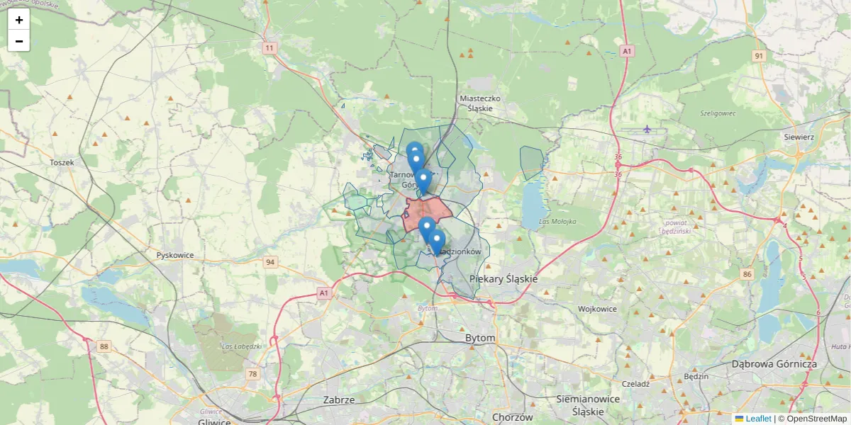 Szczegółowa mapa kodu pocztowego 42-605 z granicami, sąsiednimi kodami pocztowymi i urzędami pocztowymi