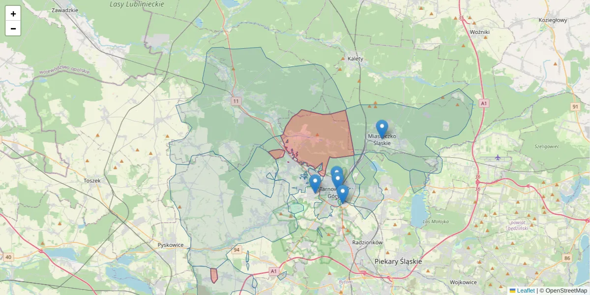 Szczegółowa mapa kodu pocztowego 42-609 z granicami, sąsiednimi kodami pocztowymi i urzędami pocztowymi