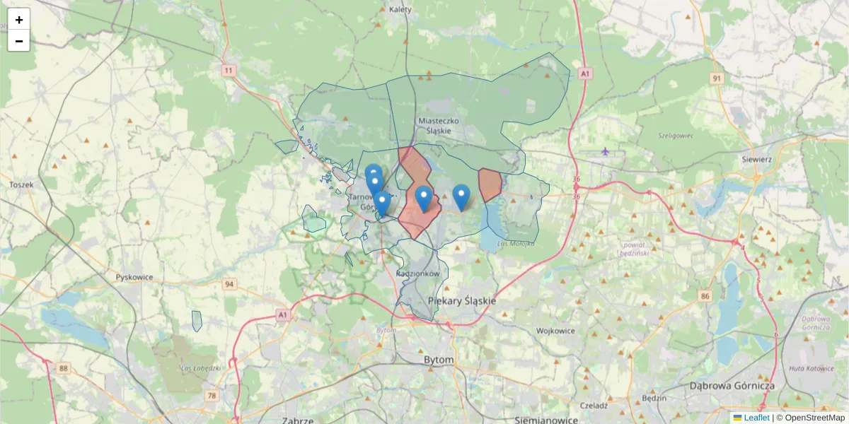 Szczegółowa mapa kodu pocztowego 42-620 z granicami, sąsiednimi kodami pocztowymi i urzędami pocztowymi