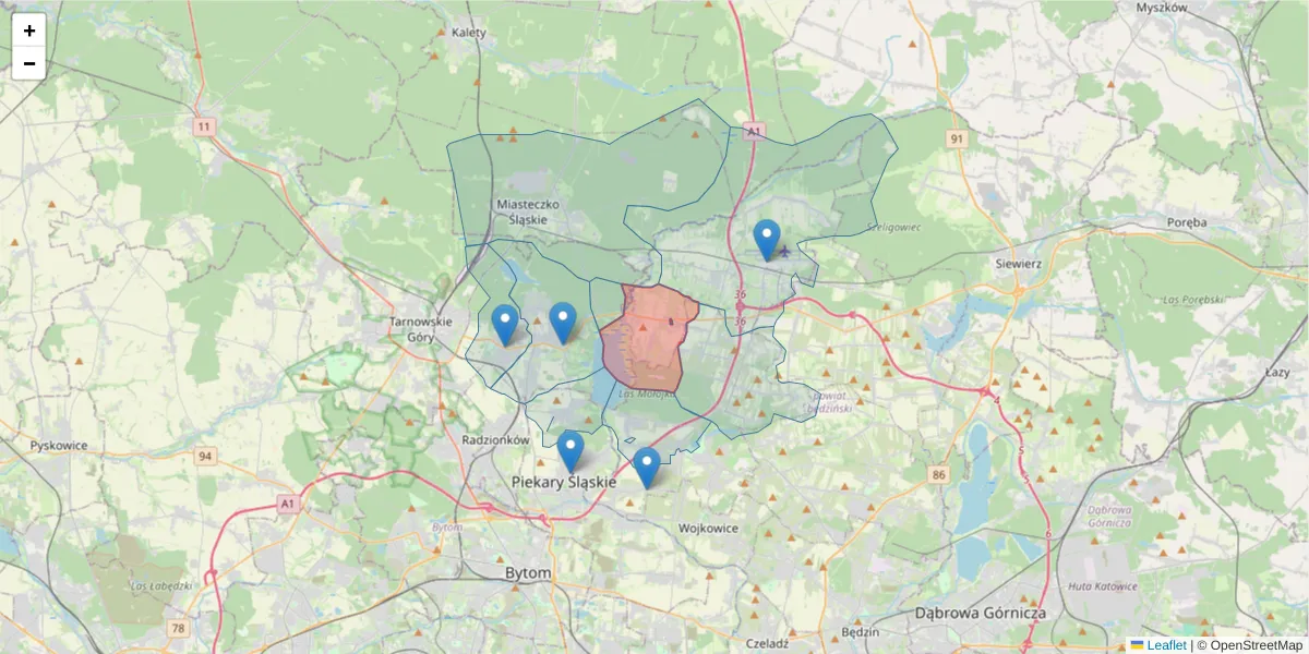 Szczegółowa mapa kodu pocztowego 42-624 z granicami, sąsiednimi kodami pocztowymi i urzędami pocztowymi