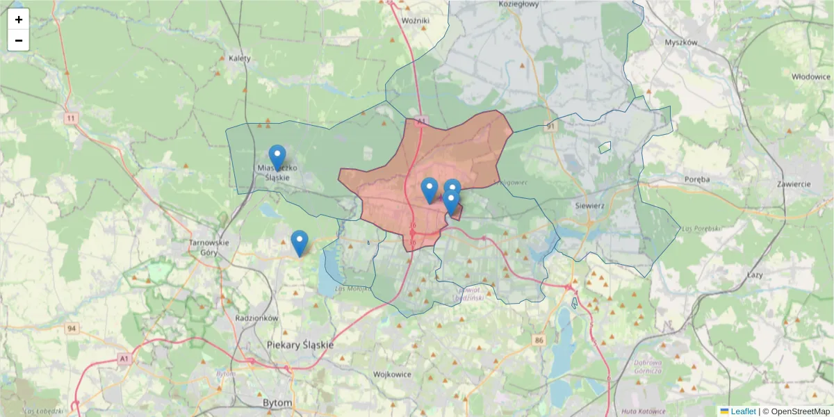 Szczegółowa mapa kodu pocztowego 42-625 z granicami, sąsiednimi kodami pocztowymi i urzędami pocztowymi