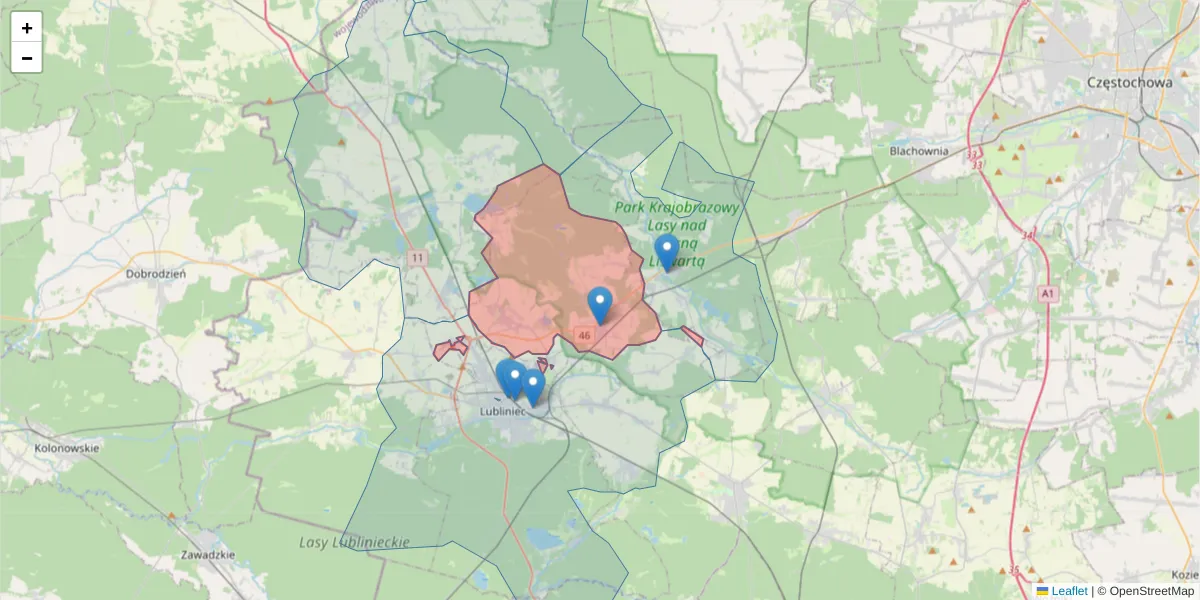 Szczegółowa mapa kodu pocztowego 42-713 z granicami, sąsiednimi kodami pocztowymi i urzędami pocztowymi