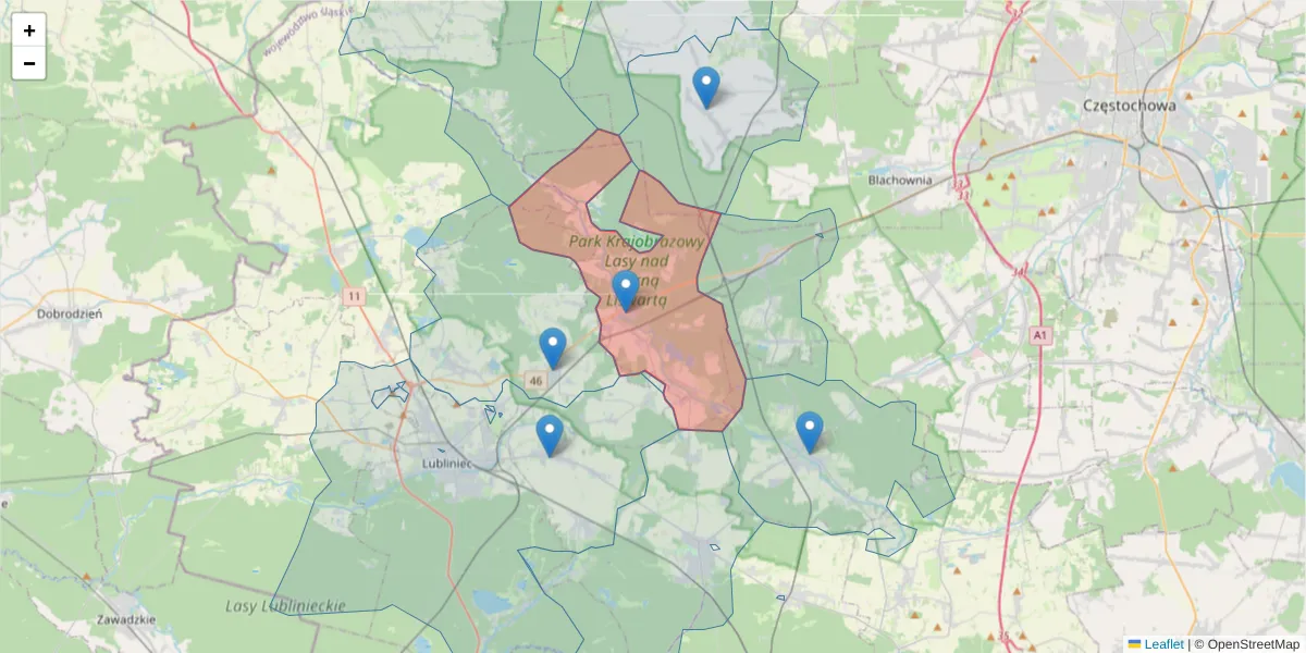 Szczegółowa mapa kodu pocztowego 42-714 z granicami, sąsiednimi kodami pocztowymi i urzędami pocztowymi