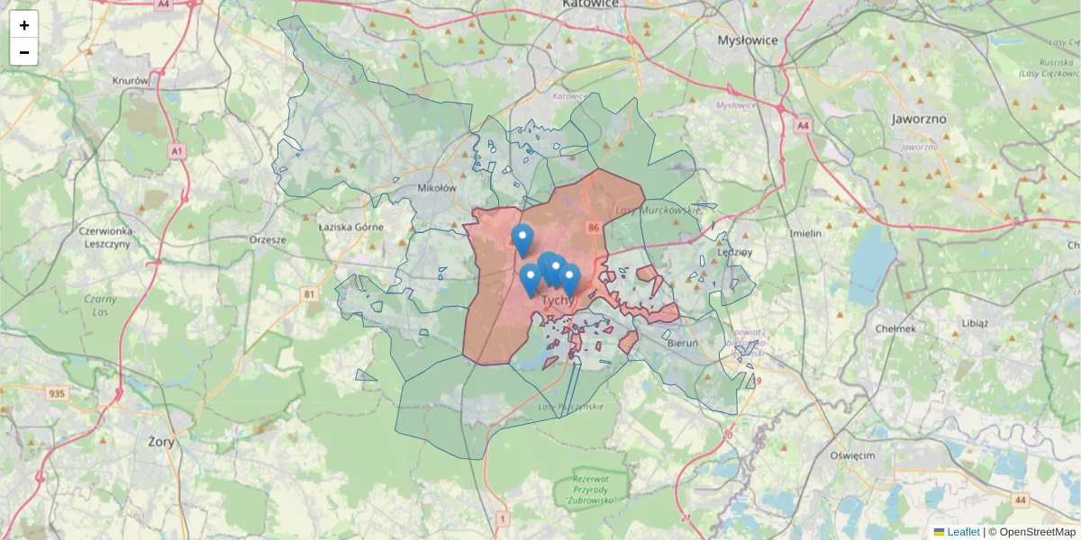 Szczegółowa mapa kodu pocztowego 43-100 z granicami, sąsiednimi kodami pocztowymi i urzędami pocztowymi