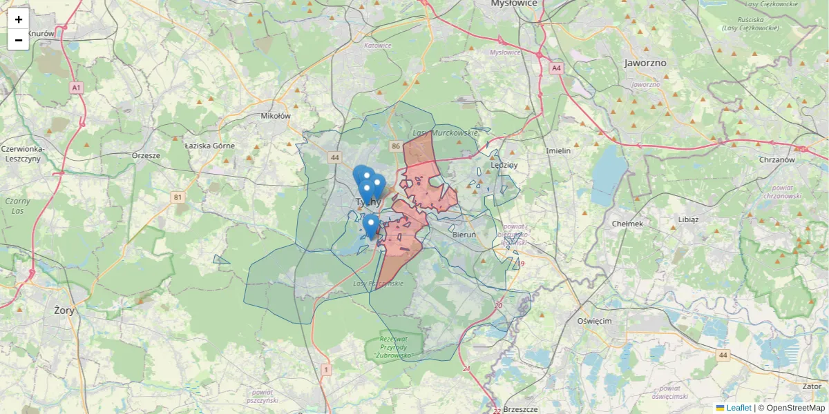 Szczegółowa mapa kodu pocztowego 43-109 z granicami, sąsiednimi kodami pocztowymi i urzędami pocztowymi