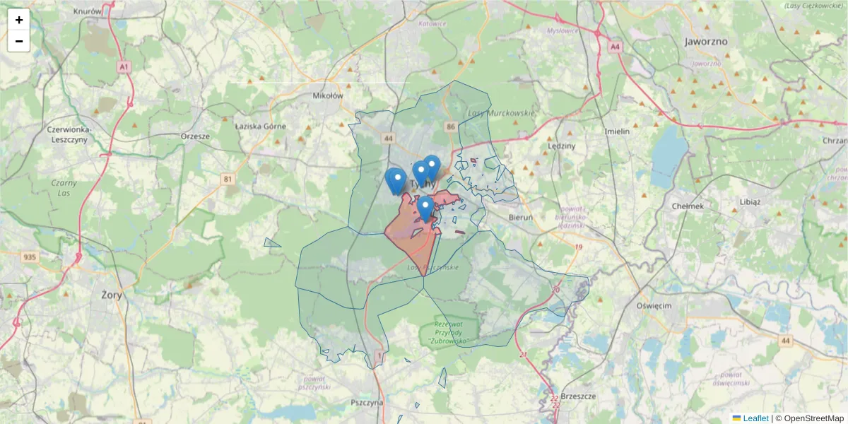 Szczegółowa mapa kodu pocztowego 43-110 z granicami, sąsiednimi kodami pocztowymi i urzędami pocztowymi