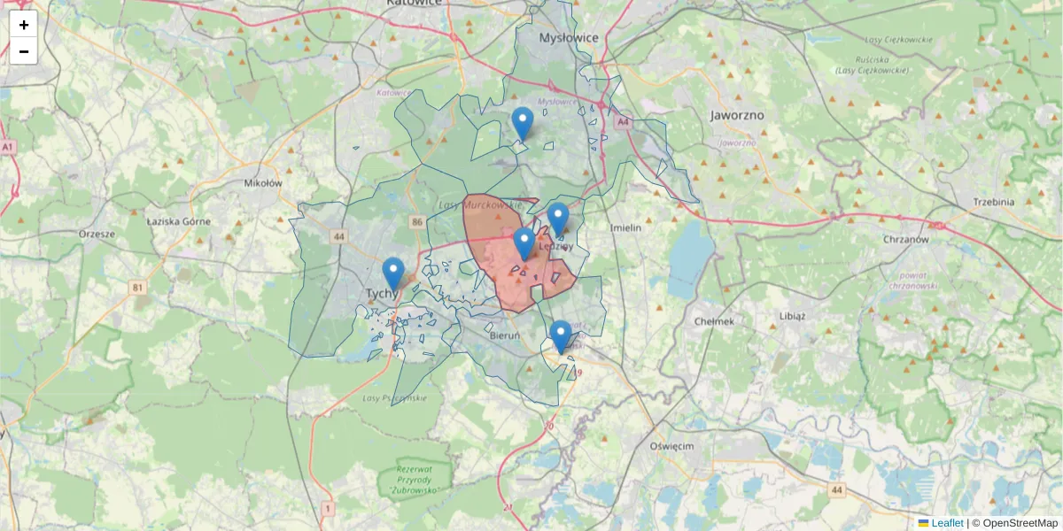 Szczegółowa mapa kodu pocztowego 43-140 z granicami, sąsiednimi kodami pocztowymi i urzędami pocztowymi