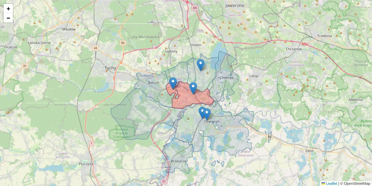Szczegółowa mapa kodu pocztowego 43-155 z granicami, sąsiednimi kodami pocztowymi i urzędami pocztowymi