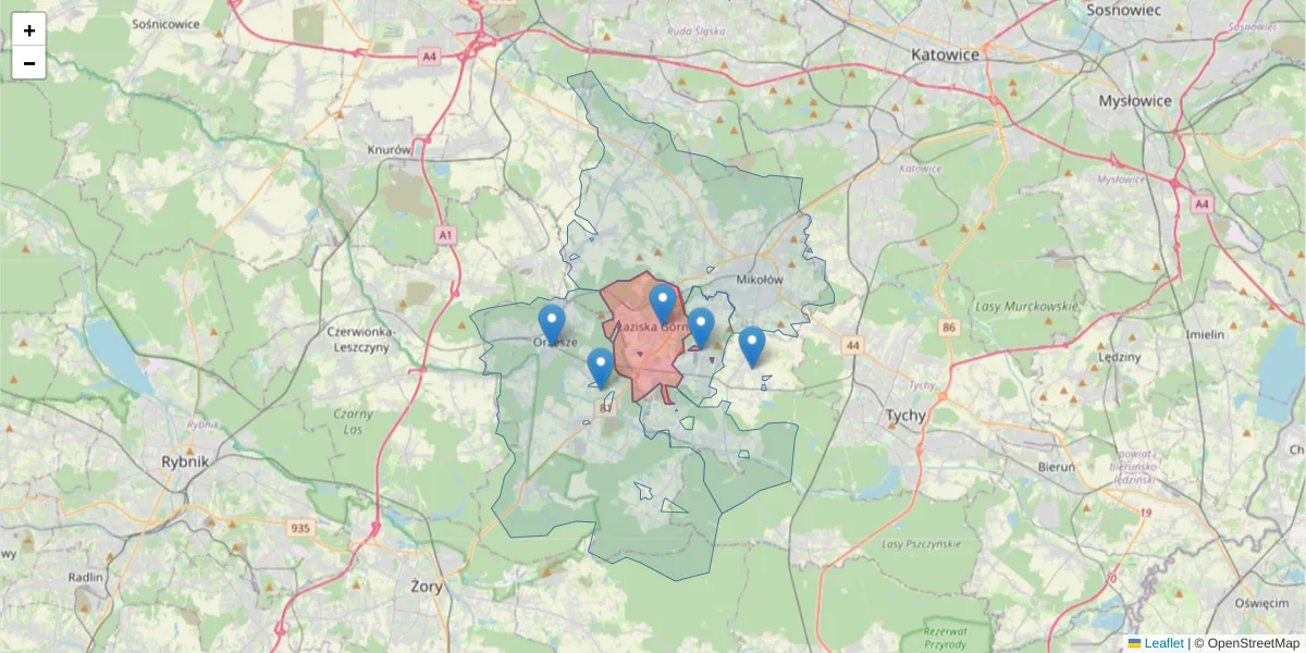 Szczegółowa mapa kodu pocztowego 43-170 z granicami, sąsiednimi kodami pocztowymi i urzędami pocztowymi