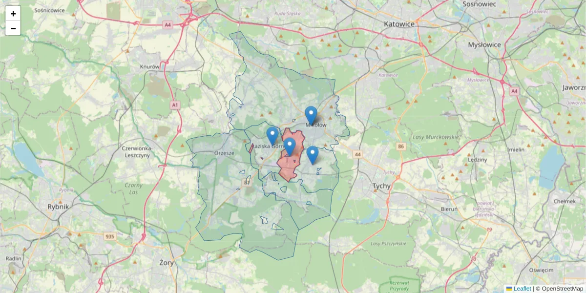 Szczegółowa mapa kodu pocztowego 43-173 z granicami, sąsiednimi kodami pocztowymi i urzędami pocztowymi