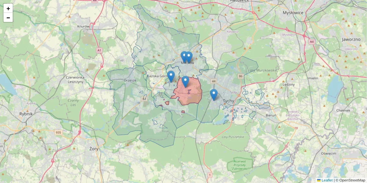 Szczegółowa mapa kodu pocztowego 43-175 z granicami, sąsiednimi kodami pocztowymi i urzędami pocztowymi