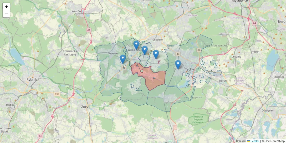 Szczegółowa mapa kodu pocztowego 43-176 z granicami, sąsiednimi kodami pocztowymi i urzędami pocztowymi