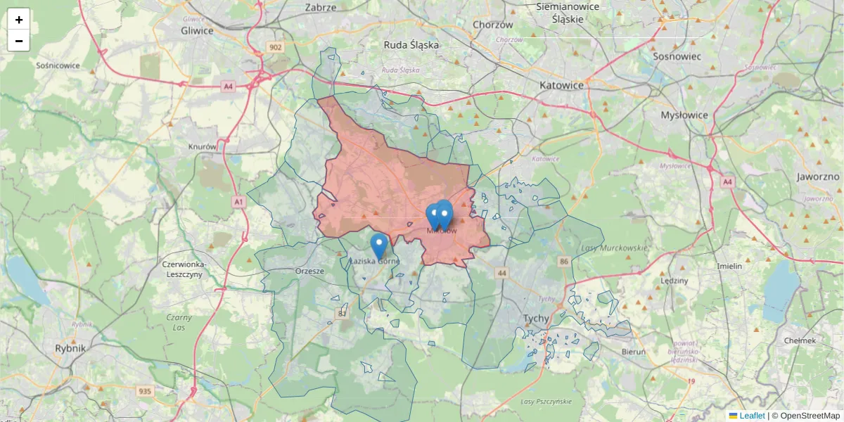Szczegółowa mapa kodu pocztowego 43-190 z granicami, sąsiednimi kodami pocztowymi i urzędami pocztowymi