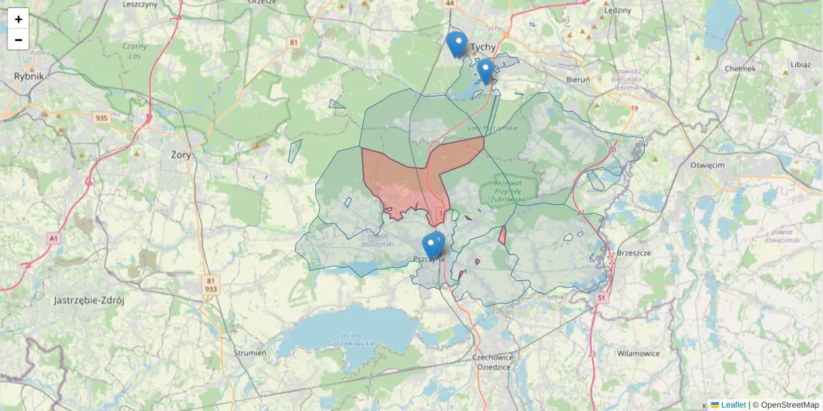 Szczegółowa mapa kodu pocztowego 43-211 z granicami, sąsiednimi kodami pocztowymi i urzędami pocztowymi