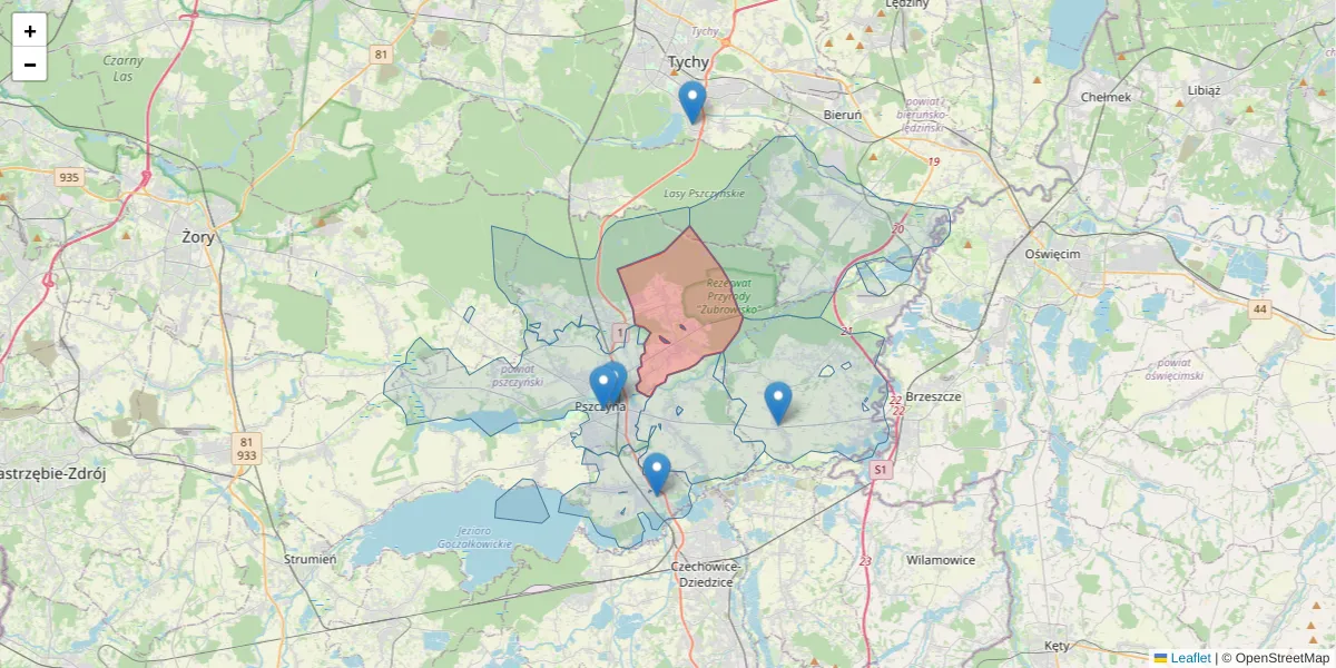 Szczegółowa mapa kodu pocztowego 43-215 z granicami, sąsiednimi kodami pocztowymi i urzędami pocztowymi