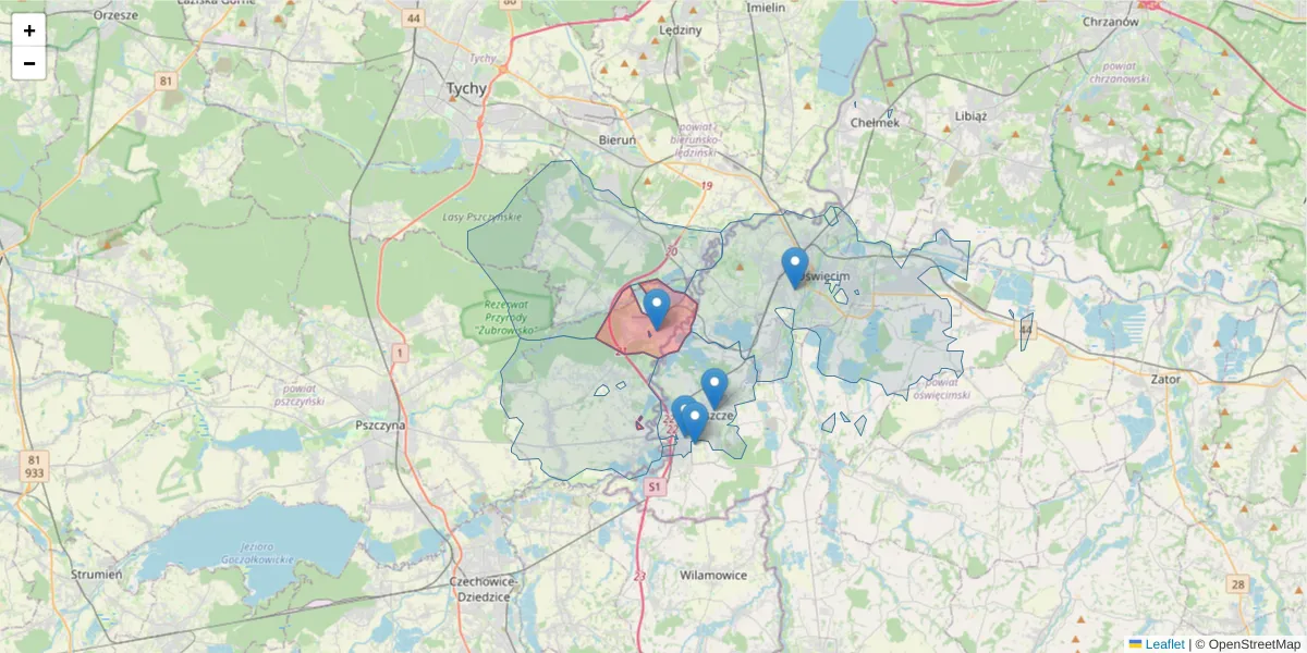 Szczegółowa mapa kodu pocztowego 43-225 z granicami, sąsiednimi kodami pocztowymi i urzędami pocztowymi