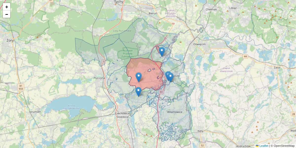 Szczegółowa mapa kodu pocztowego 43-227 z granicami, sąsiednimi kodami pocztowymi i urzędami pocztowymi