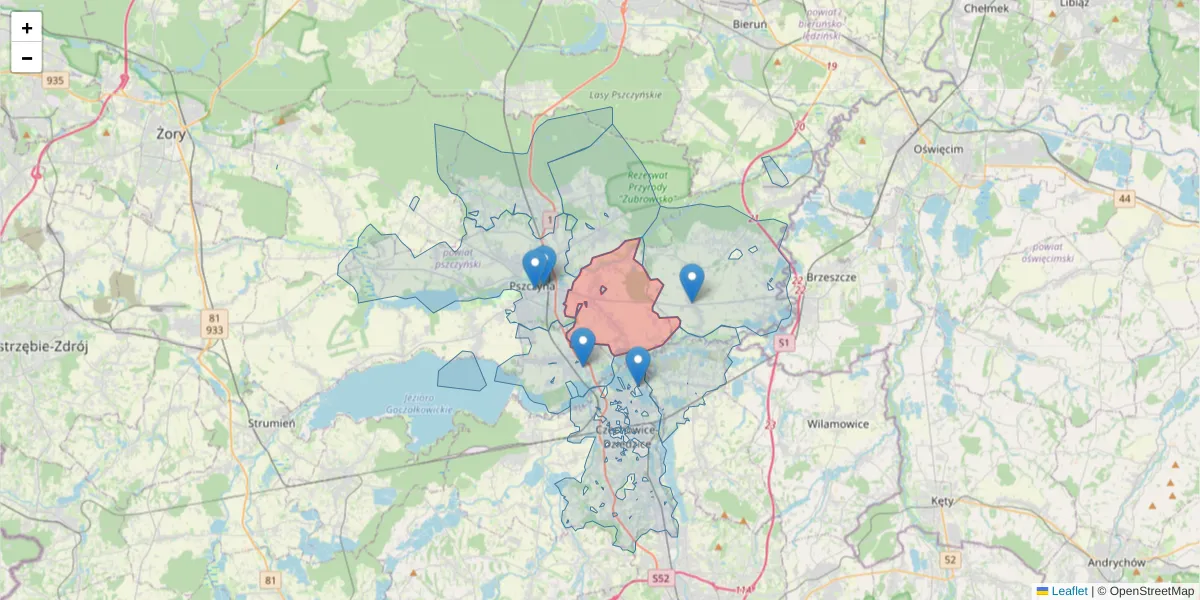 Szczegółowa mapa kodu pocztowego 43-229 z granicami, sąsiednimi kodami pocztowymi i urzędami pocztowymi