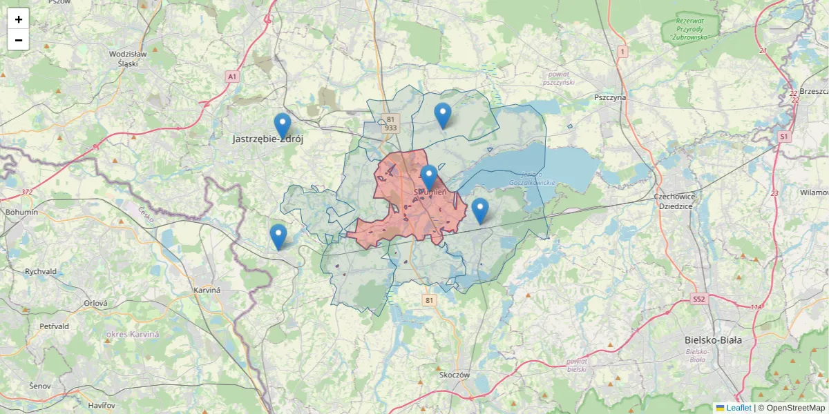 Szczegółowa mapa kodu pocztowego 43-246 z granicami, sąsiednimi kodami pocztowymi i urzędami pocztowymi