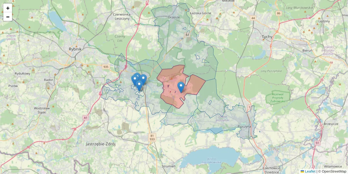 Szczegółowa mapa kodu pocztowego 43-267 z granicami, sąsiednimi kodami pocztowymi i urzędami pocztowymi