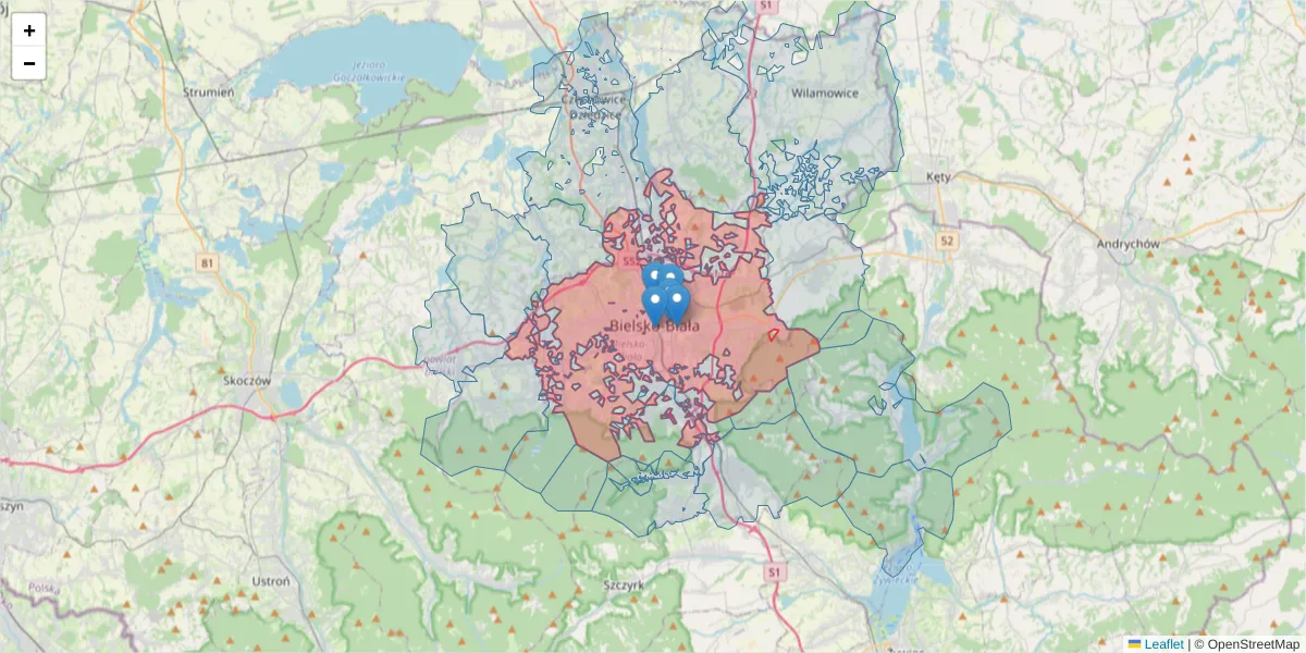 Szczegółowa mapa kodu pocztowego 43-300 z granicami, sąsiednimi kodami pocztowymi i urzędami pocztowymi