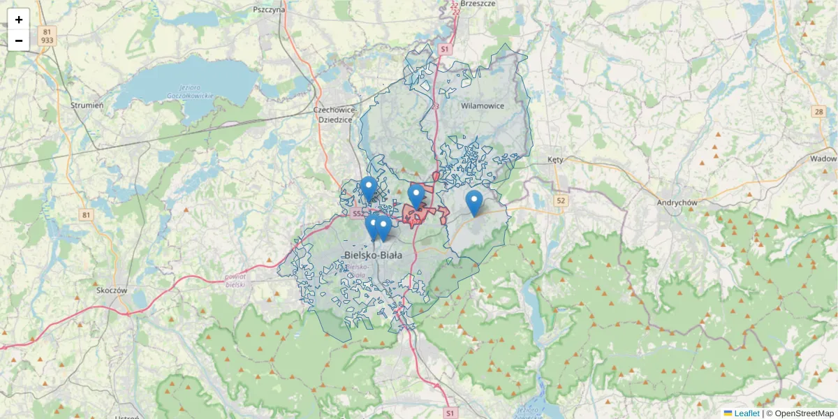 Szczegółowa mapa kodu pocztowego 43-344 z granicami, sąsiednimi kodami pocztowymi i urzędami pocztowymi