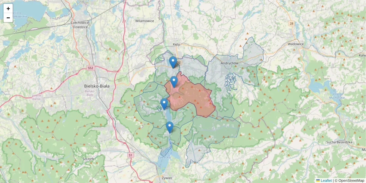 Szczegółowa mapa kodu pocztowego 43-353 z granicami, sąsiednimi kodami pocztowymi i urzędami pocztowymi