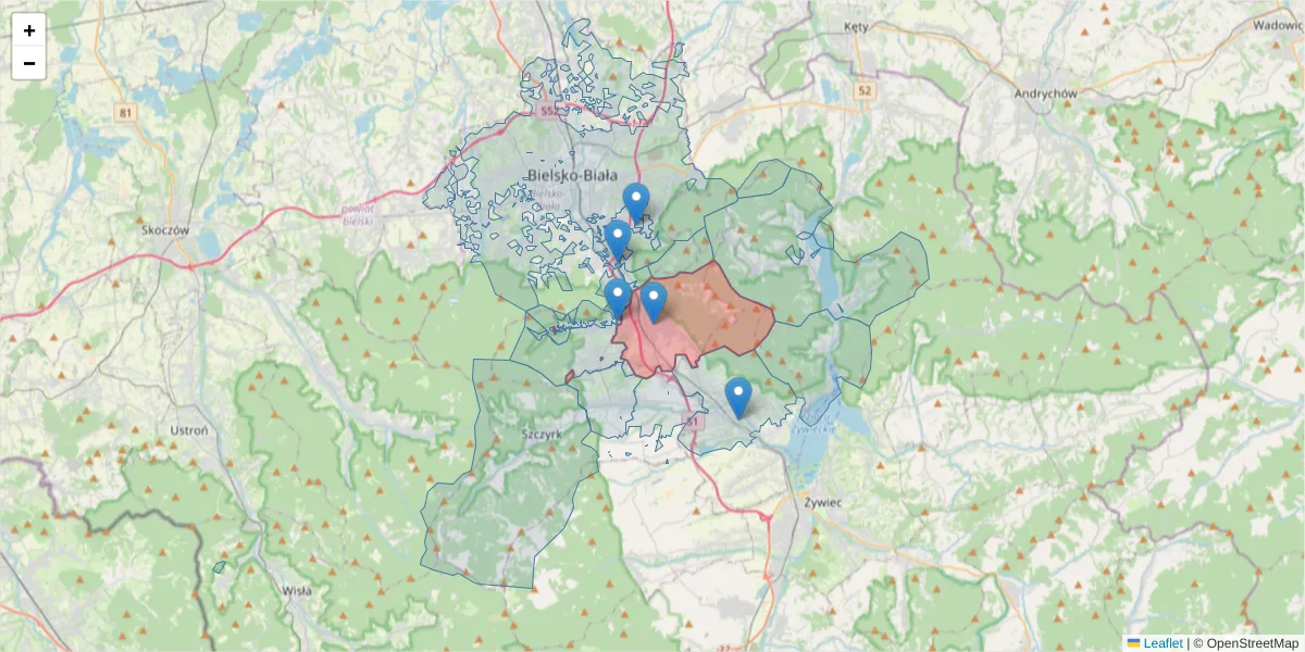 Szczegółowa mapa kodu pocztowego 43-365 z granicami, sąsiednimi kodami pocztowymi i urzędami pocztowymi