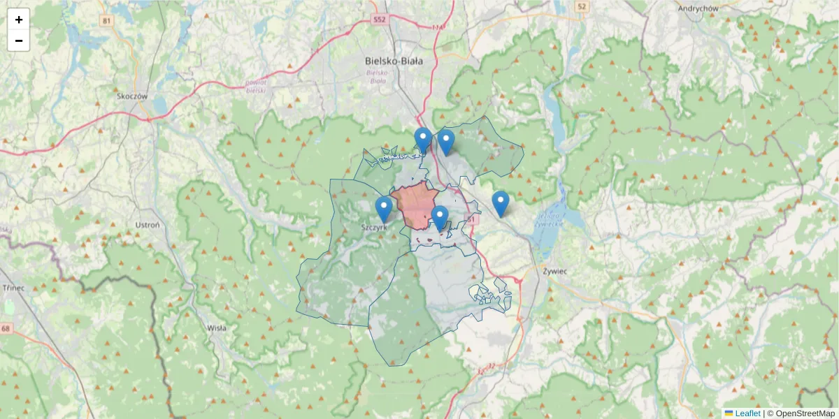 Szczegółowa mapa kodu pocztowego 43-374 z granicami, sąsiednimi kodami pocztowymi i urzędami pocztowymi
