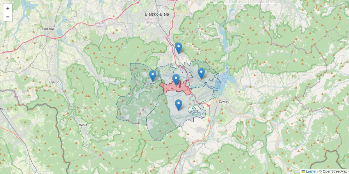 Szczegółowa mapa kodu pocztowego 43-376 z granicami, sąsiednimi kodami pocztowymi i urzędami pocztowymi