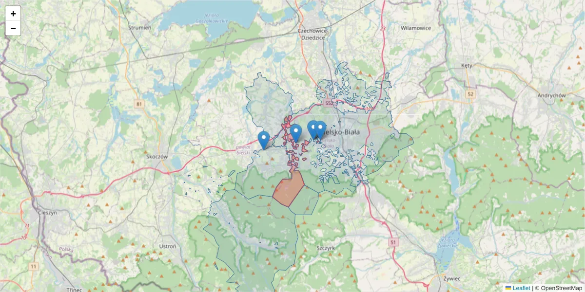 Szczegółowa mapa kodu pocztowego 43-382 z granicami, sąsiednimi kodami pocztowymi i urzędami pocztowymi