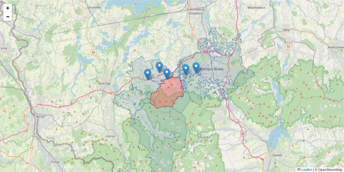 Szczegółowa mapa kodu pocztowego 43-384 z granicami, sąsiednimi kodami pocztowymi i urzędami pocztowymi