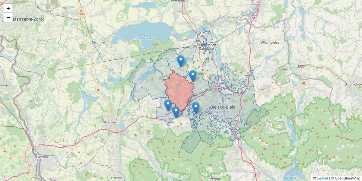 Szczegółowa mapa kodu pocztowego 43-392 z granicami, sąsiednimi kodami pocztowymi i urzędami pocztowymi