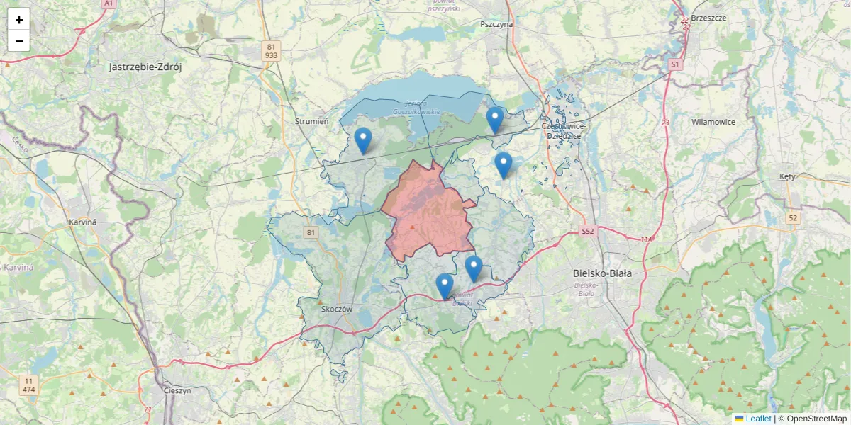 Szczegółowa mapa kodu pocztowego 43-394 z granicami, sąsiednimi kodami pocztowymi i urzędami pocztowymi