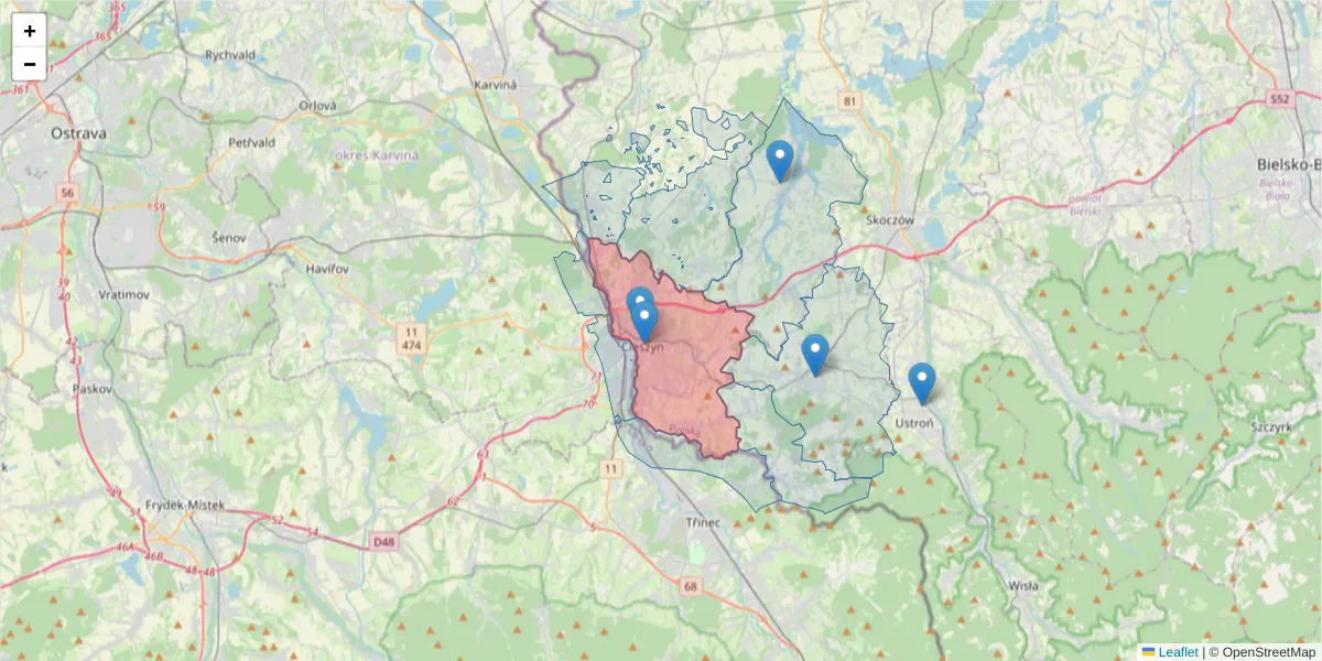 Szczegółowa mapa kodu pocztowego 43-400 z granicami, sąsiednimi kodami pocztowymi i urzędami pocztowymi