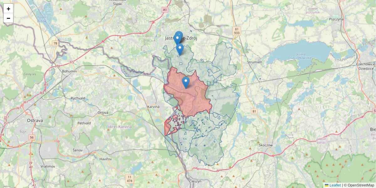 Szczegółowa mapa kodu pocztowego 43-410 z granicami, sąsiednimi kodami pocztowymi i urzędami pocztowymi