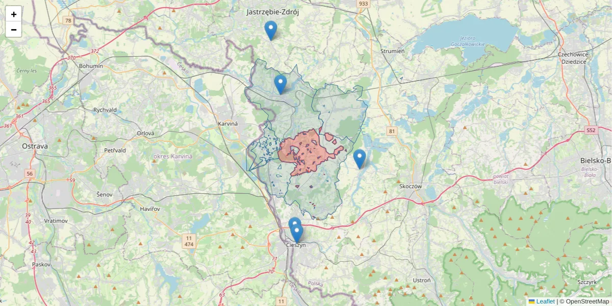 Szczegółowa mapa kodu pocztowego 43-416 z granicami, sąsiednimi kodami pocztowymi i urzędami pocztowymi